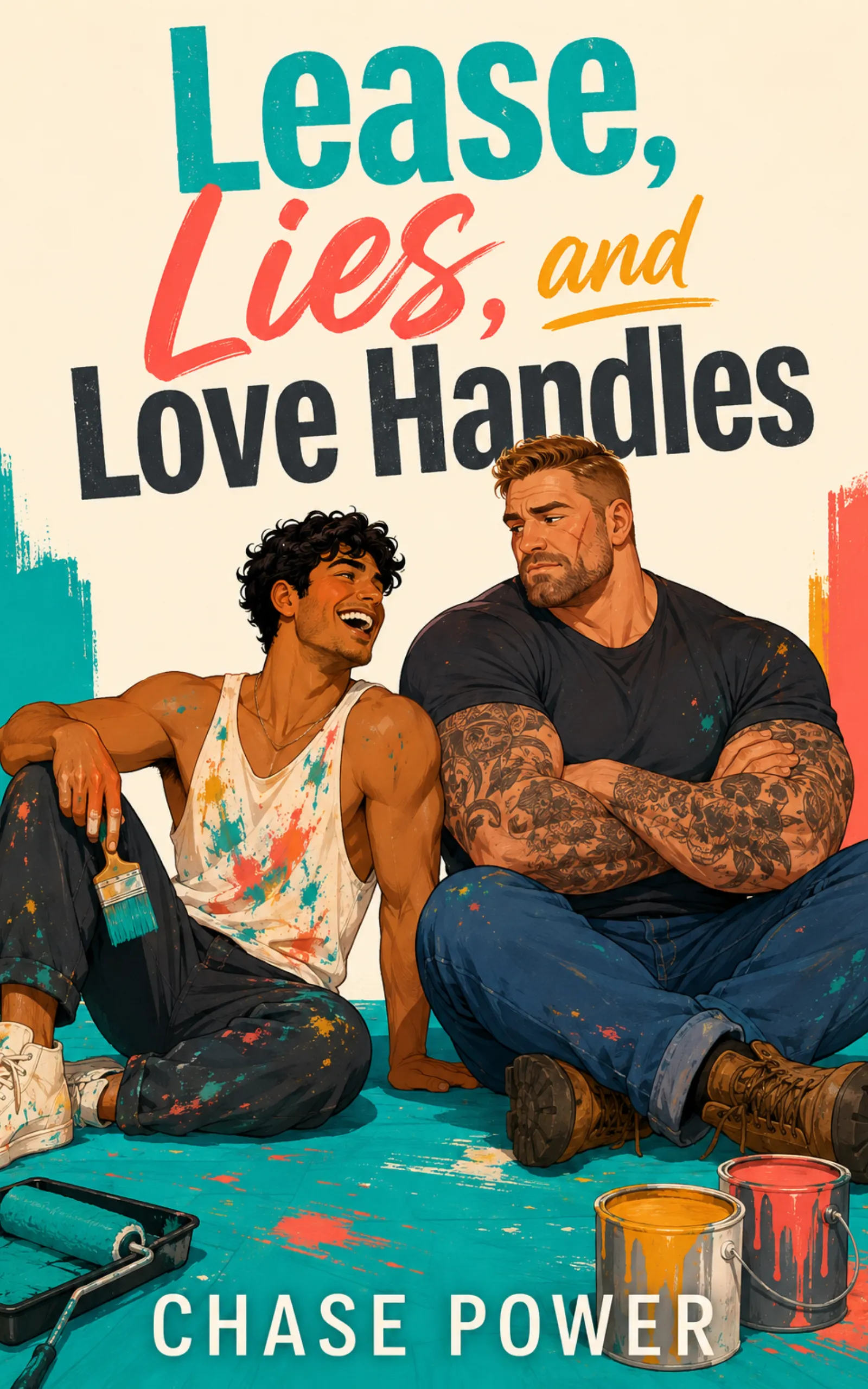 Lease, Lies & Love Handles by Chase Power book cover, MM landlord renovation fake-dating romance
