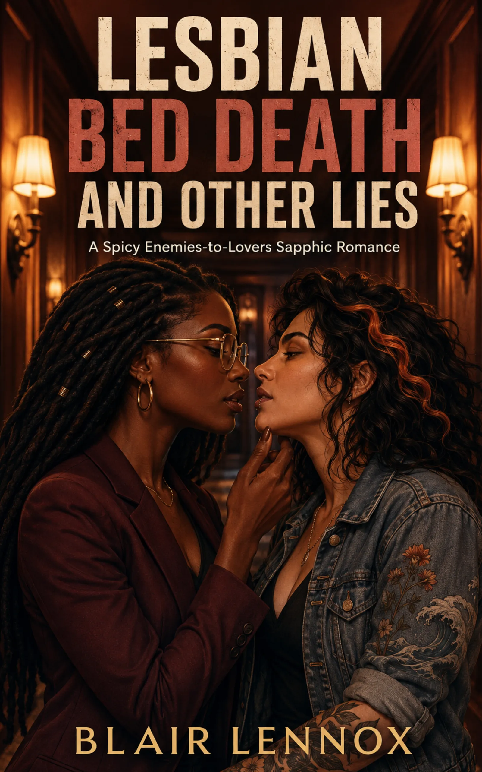 Lesbian Bed Death and Other Lies by Blair Lennox book cover, sapphic rival podcasters enemies-to-lovers romance on Kindle Unlimited