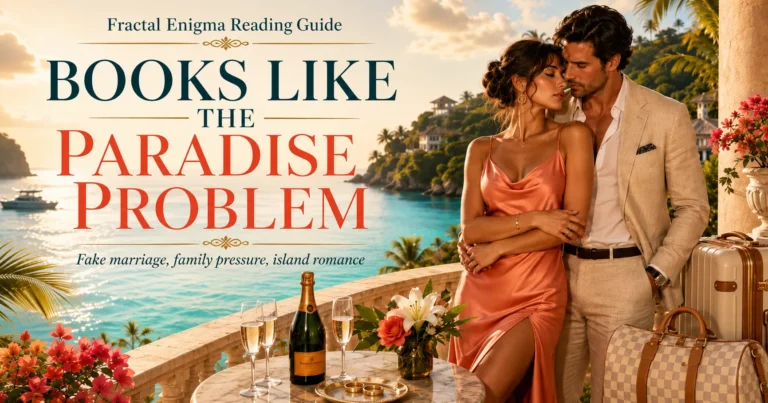 Books Like The Paradise Problem reading guide featuring a glamorous couple at a luxury tropical island resort with fake-marriage chemistry.