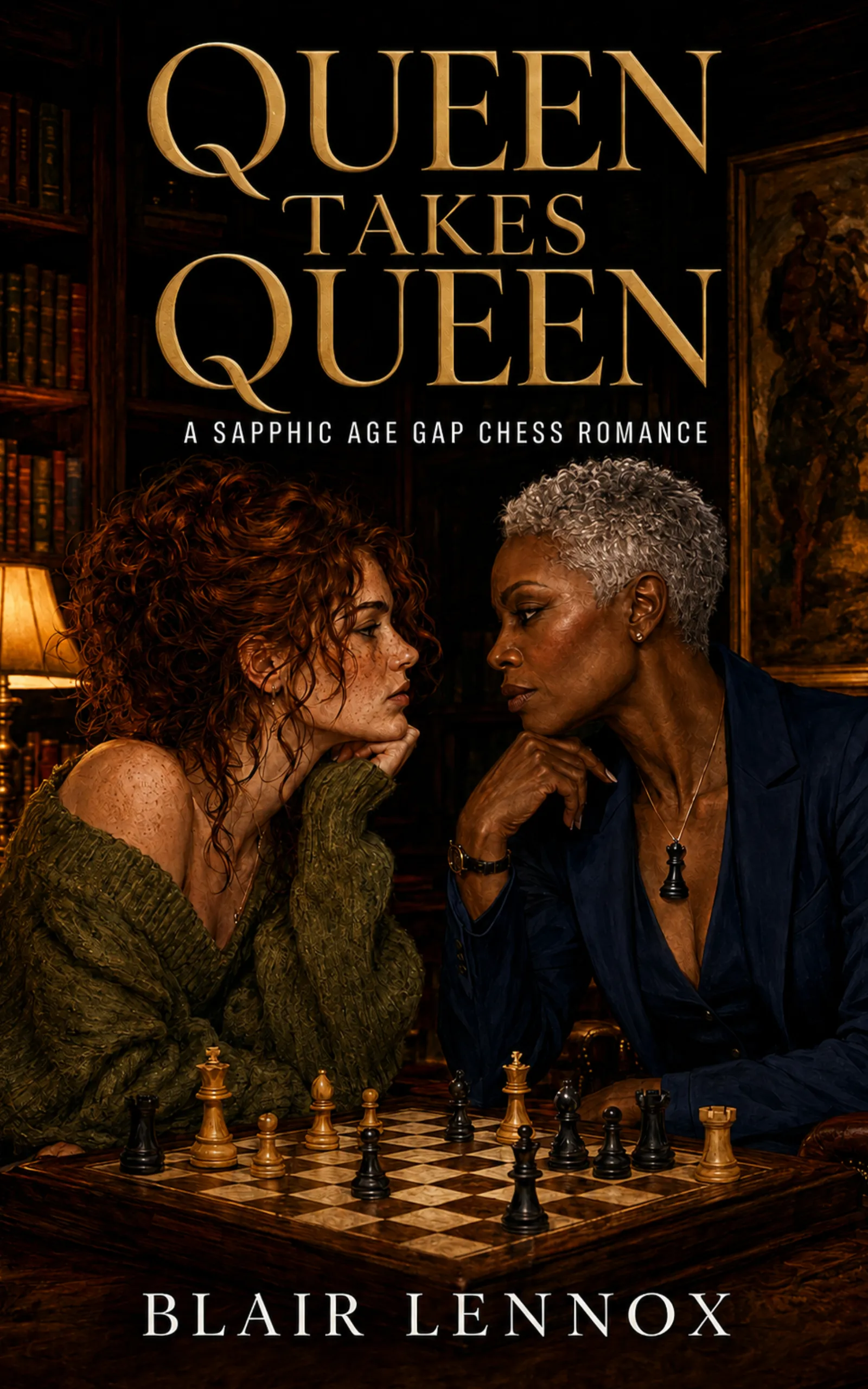 Queen Takes Queen by Blair Lennox book cover, sapphic chess age-gap forbidden romance on Kindle Unlimited