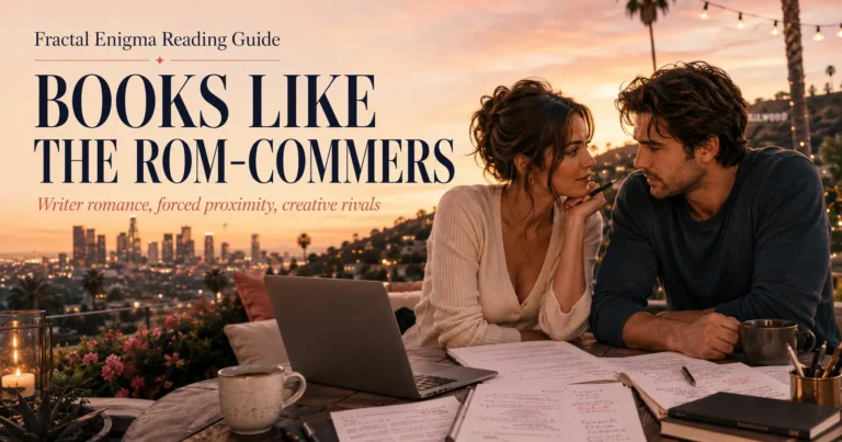 Books Like The Rom-Commers reading guide featuring two screenwriters with romantic tension on a Los Angeles rooftop at sunset.