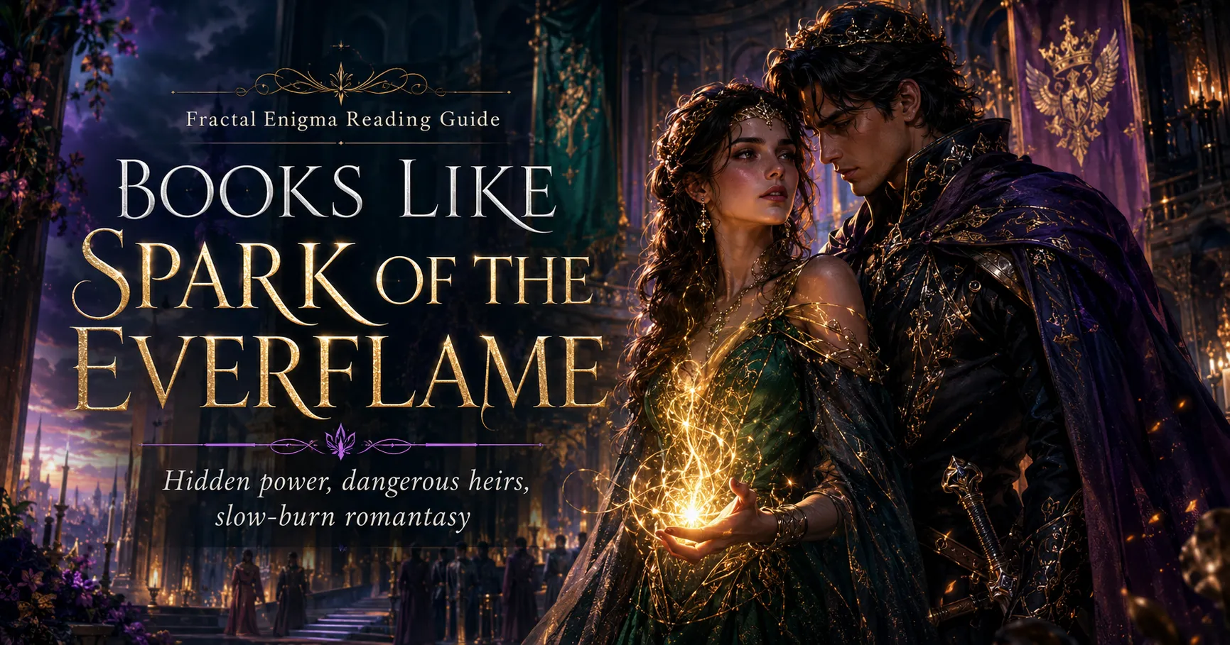 Books Like Spark of the Everflame reading guide featuring a magically powerful heroine and dangerous royal heir inside a fantasy palace.