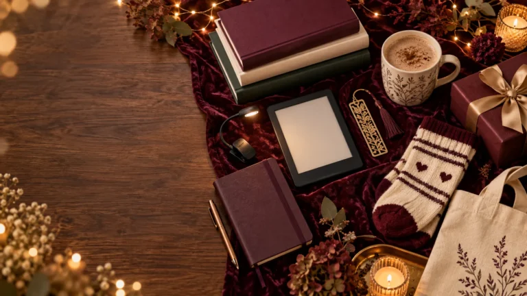 Elegant flat lay of book-lover gifts with an e-reader, reading light, books, mug, journal and wrapped present