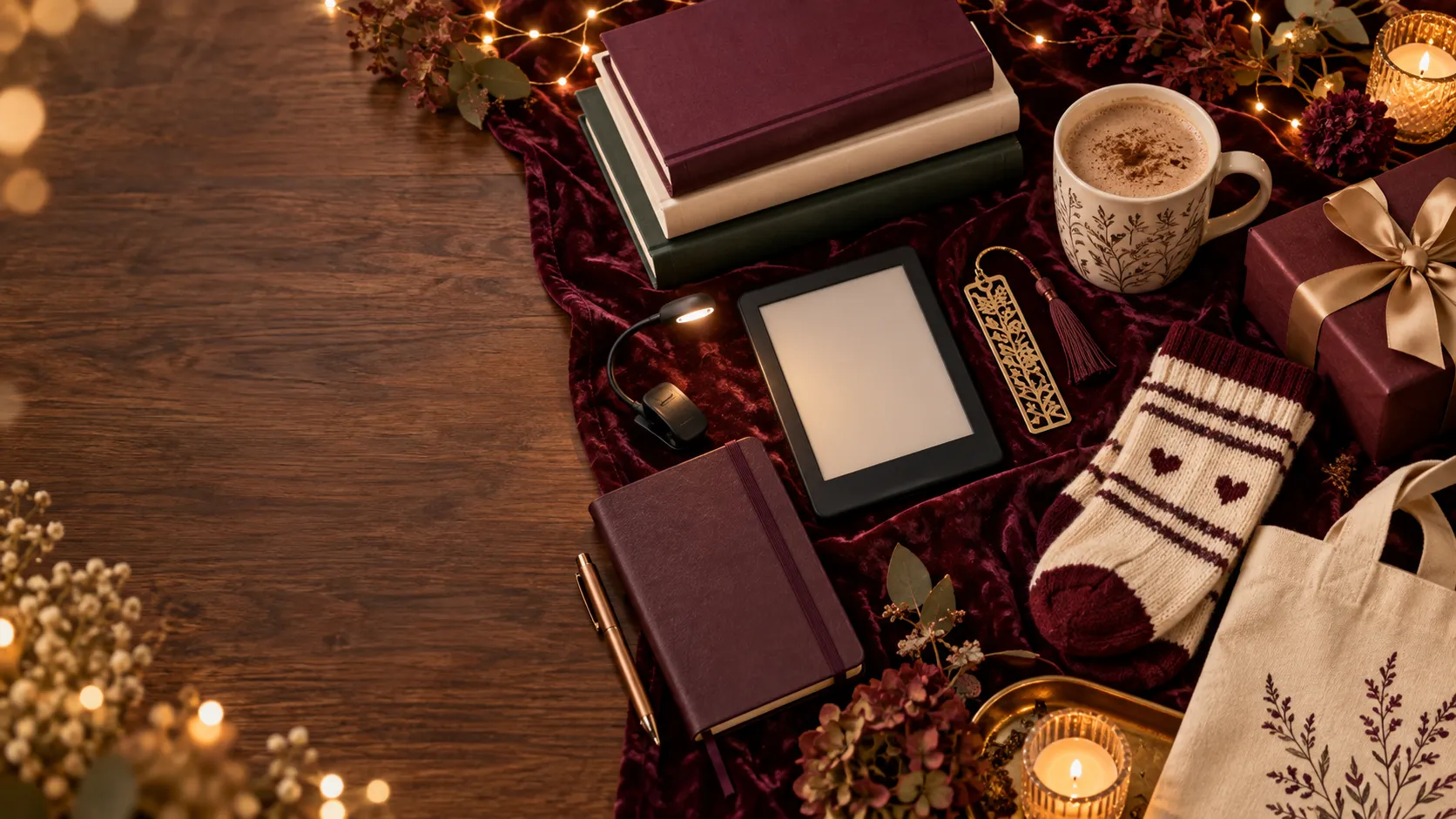 Elegant flat lay of book-lover gifts with an e-reader, reading light, books, mug, journal and wrapped present