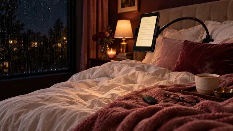 Cozy bed with an e-reader in a hands-free stand, page-turning remote, tea and reading glasses