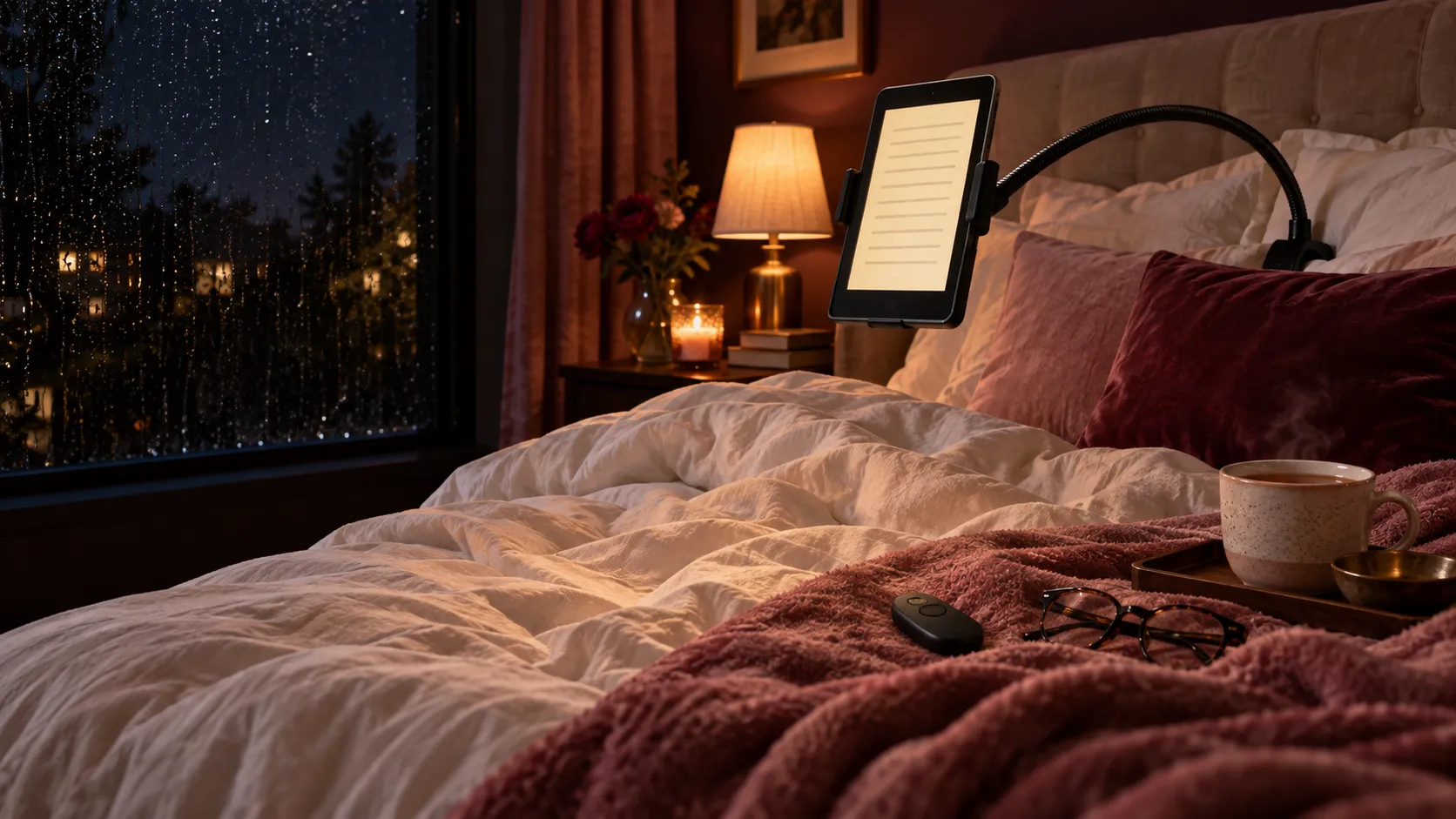 Cozy bed with an e-reader in a hands-free stand, page-turning remote, tea and reading glasses