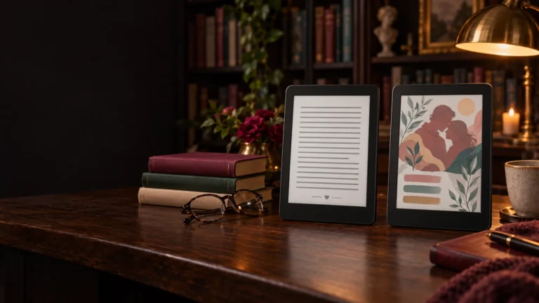 Two unbranded e-readers compared in a cozy library, one monochrome and one displaying muted color artwork