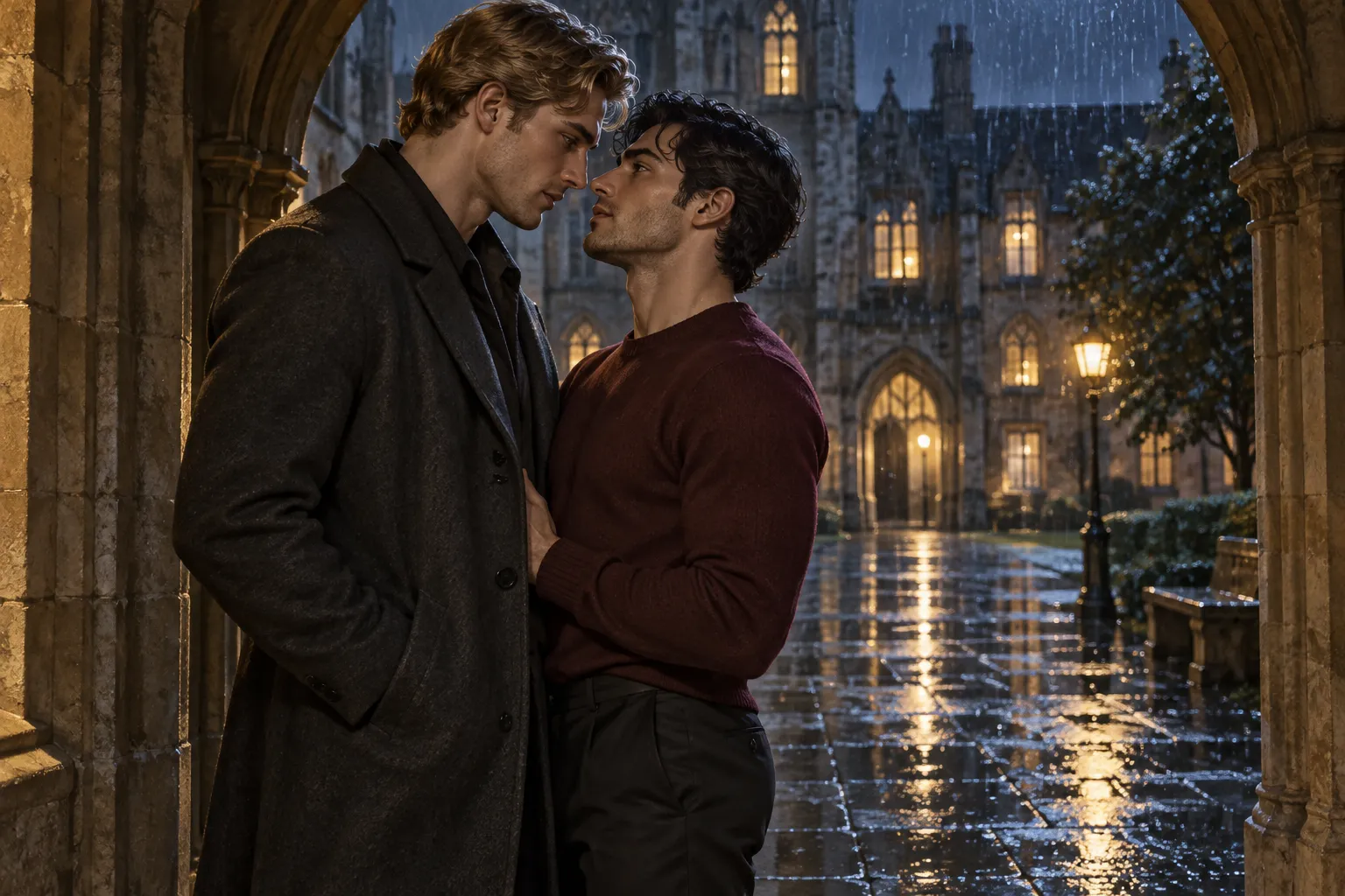 Two adult men sharing a close look beneath a stone arch in the rain