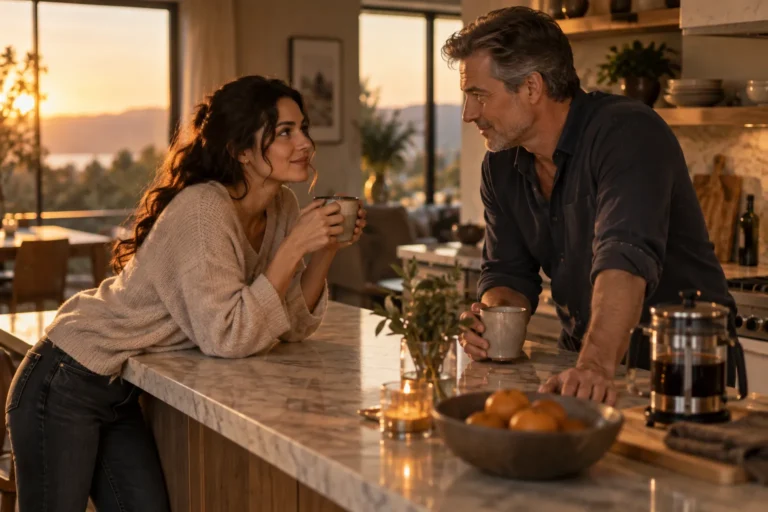 An adult woman and an older man exchanging a glance over coffee in a sunlit kitchen