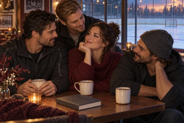 An adult woman and three men sharing coffee in a cafe beside an ice rink