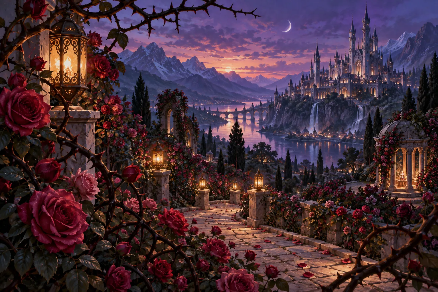 A lantern-lit rose garden overlooking an imaginary palace and mountain river