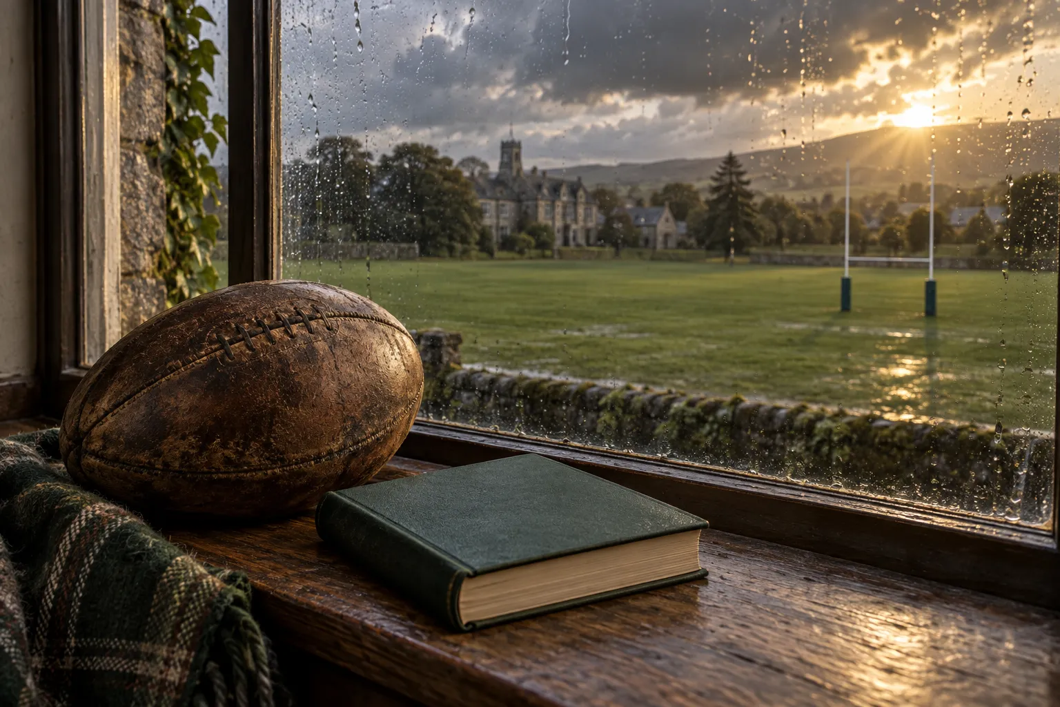 A rugby ball and green book beside a rain-speckled window overlooking a field