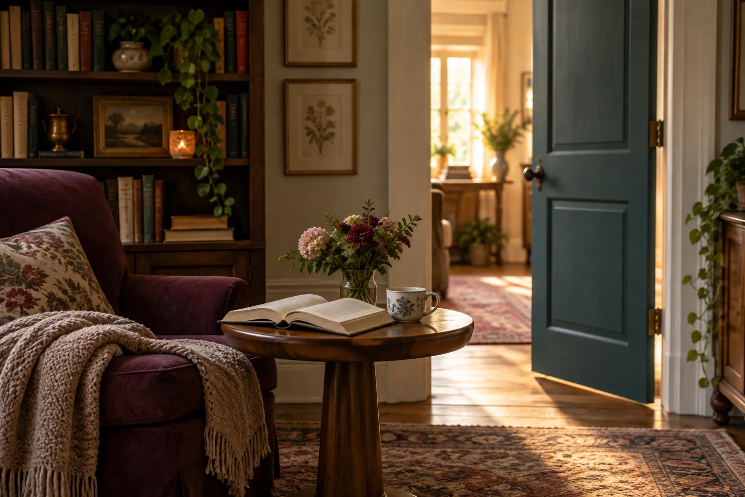 An open book beside a plum chair and a half-open teal door