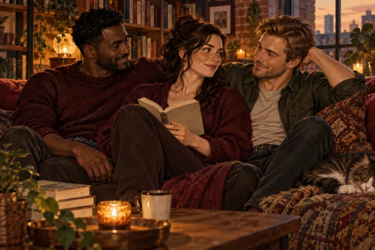 An adult woman and two men sharing a quiet reading moment on a couch