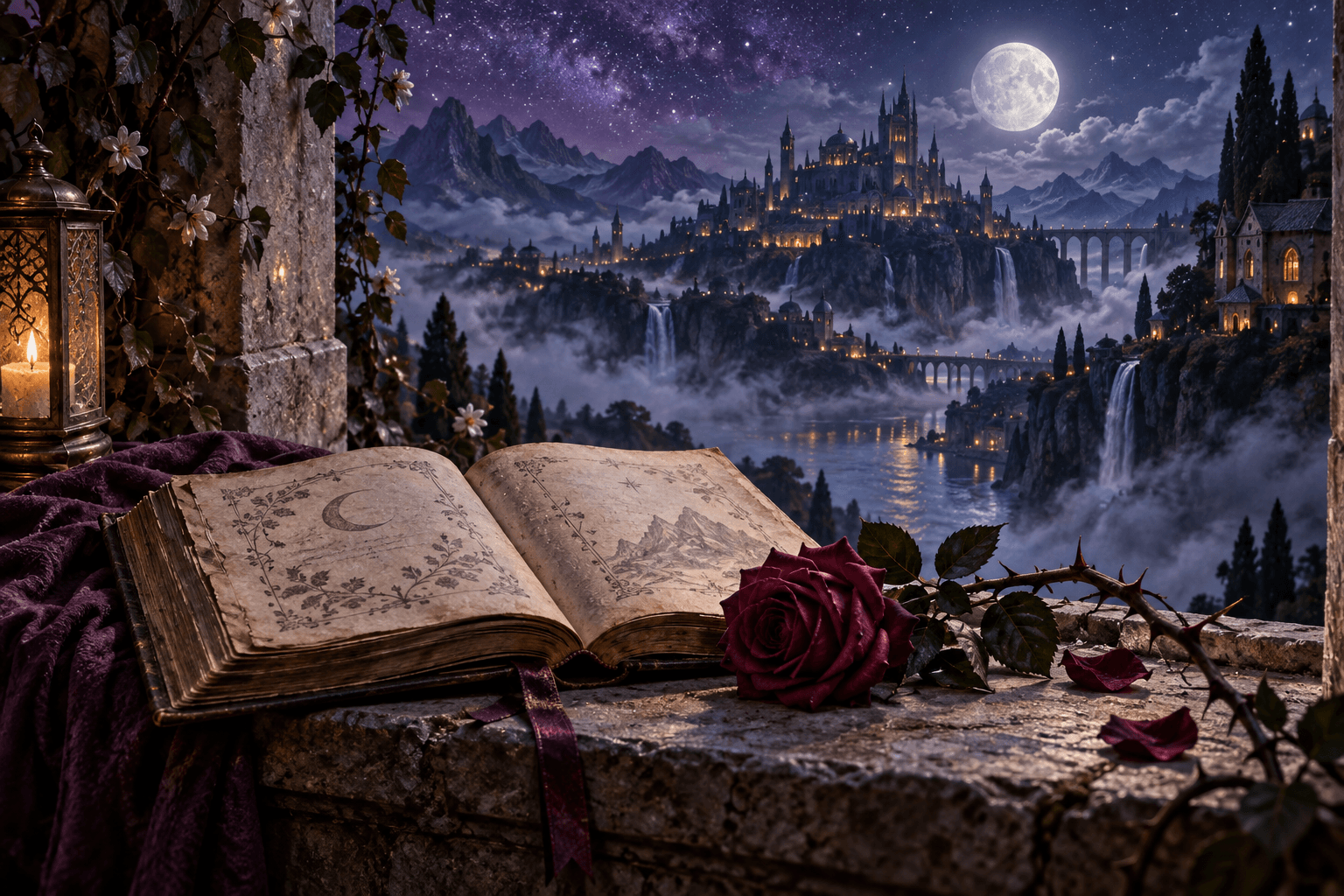 An open book and rose overlooking an imaginary moonlit mountain city