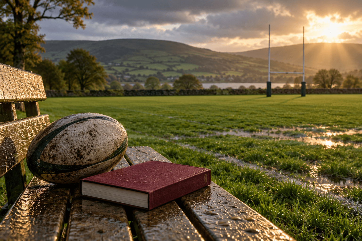 A rugby ball and book on a wet bench beside a field after rain