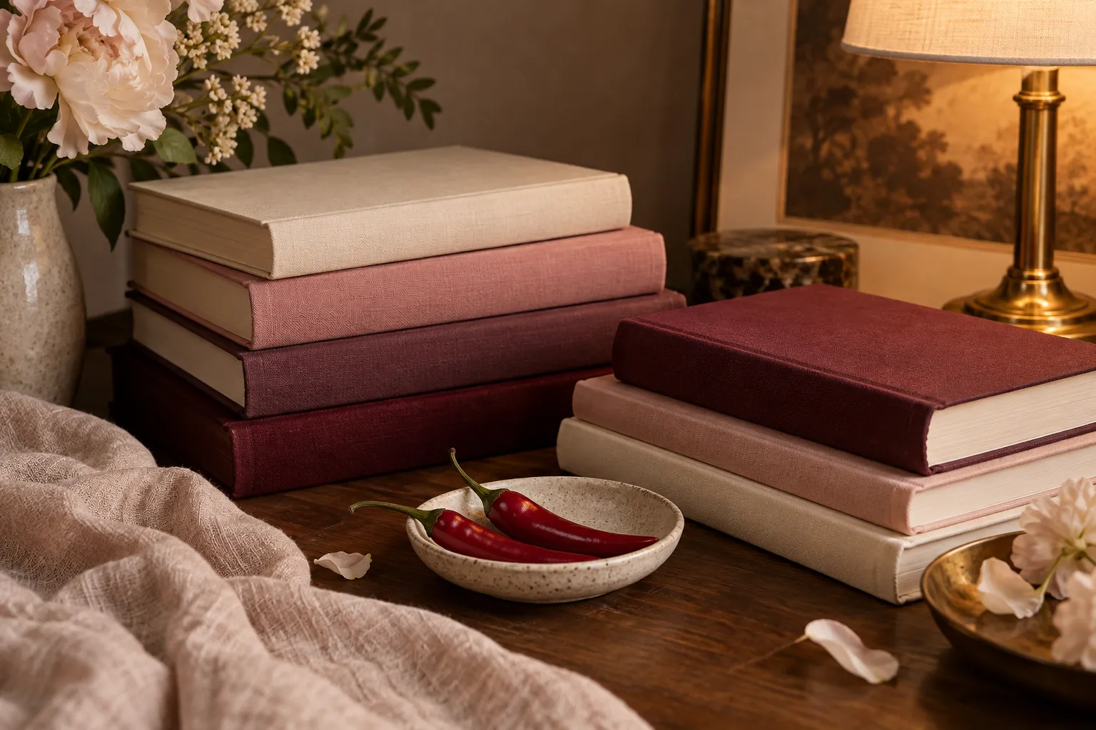 Rose and burgundy books beside a small dish of chili peppers