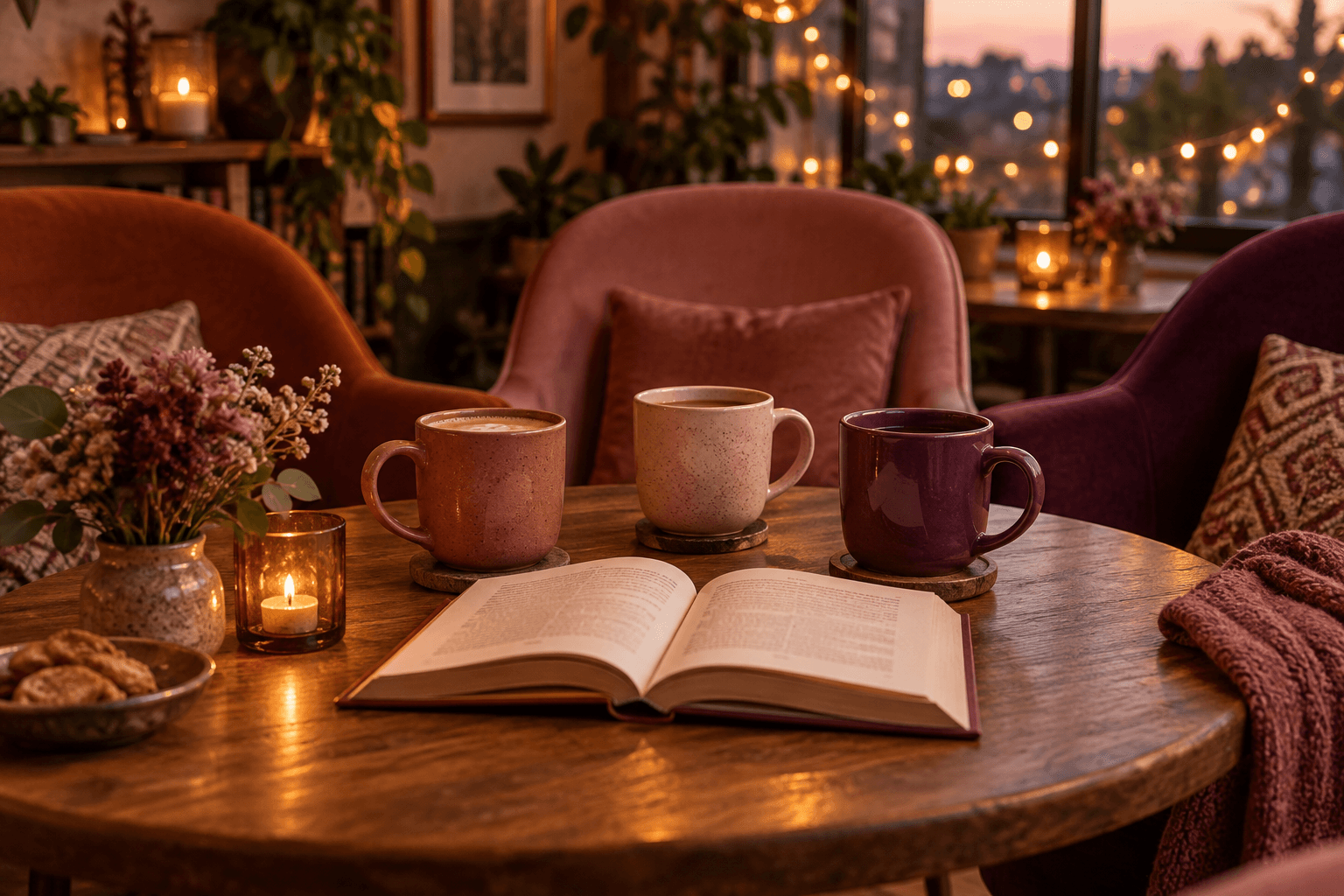 Three mugs and an open book around a warmly lit cafe table