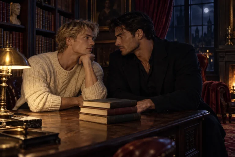 Two adult men exchanging a glance across a warmly lit library table