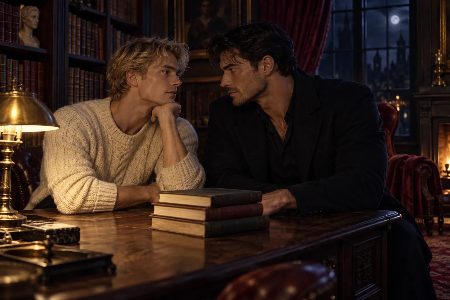 Two adult men exchanging a glance across a warmly lit library table