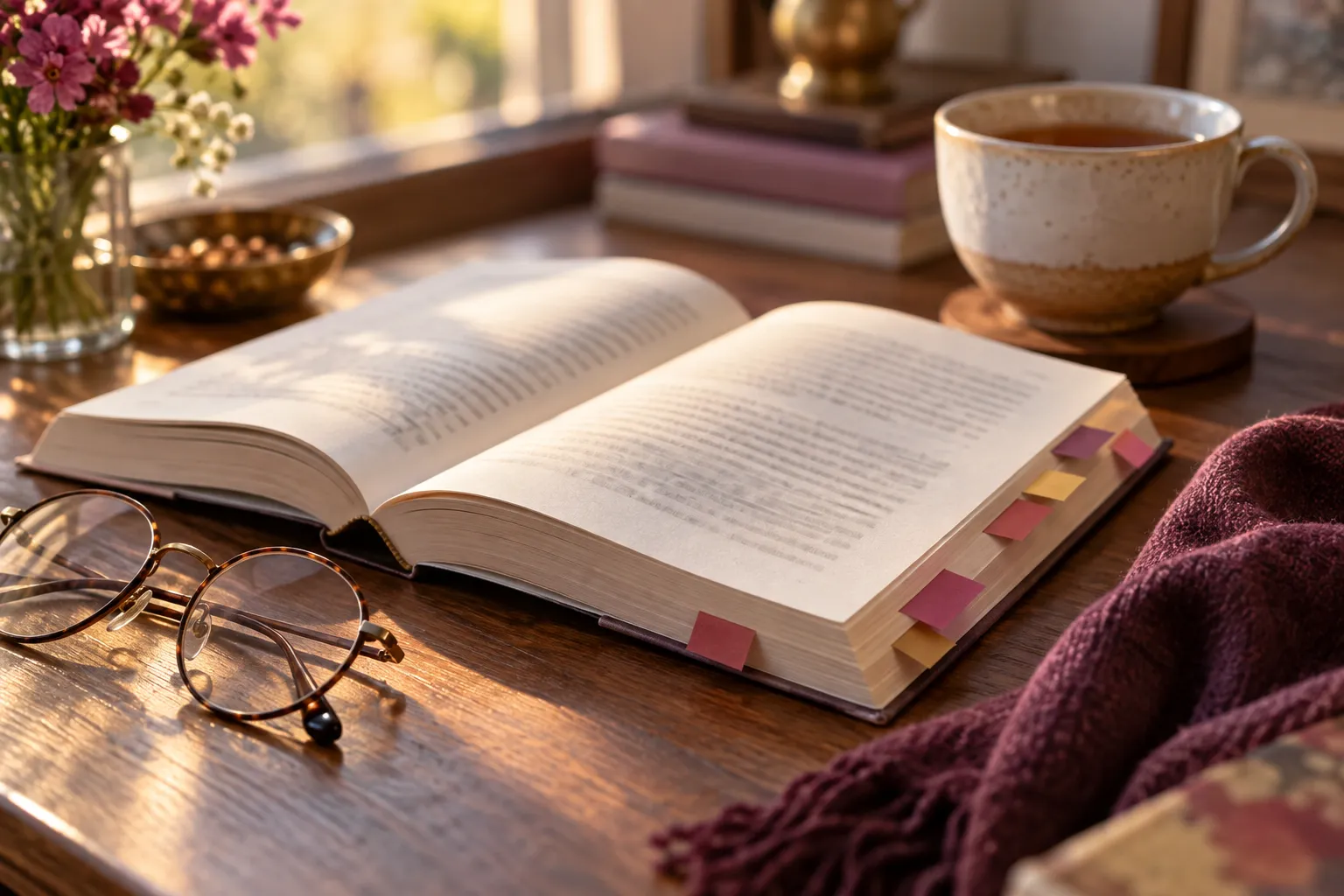 An open paperback with colorful page tabs beside reading glasses and tea