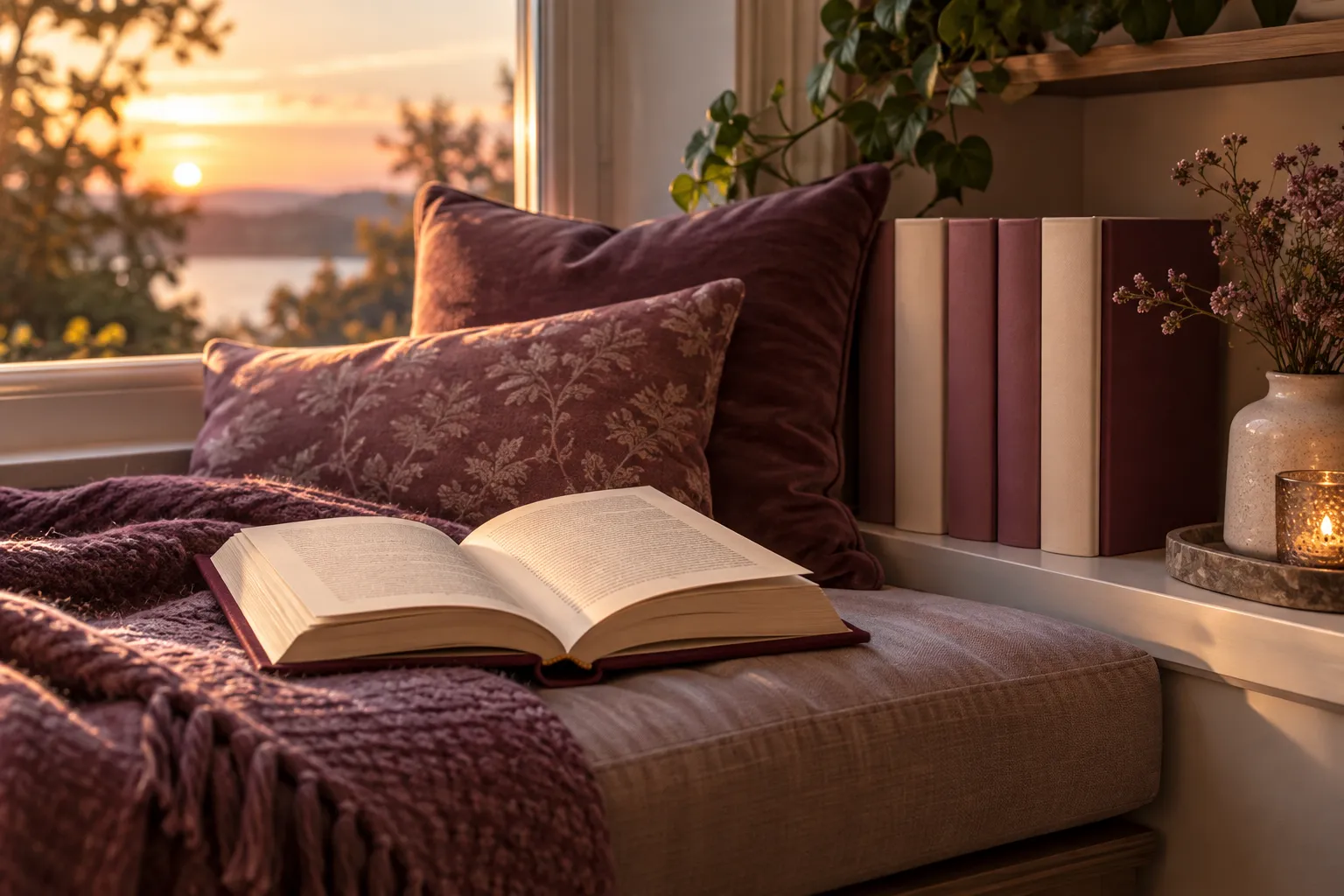 An open book on a window seat beside a row of cream and mauve books