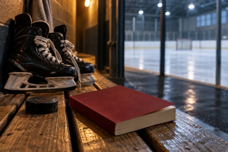 A burgundy book beside hockey skates and a puck on a rink-side bench