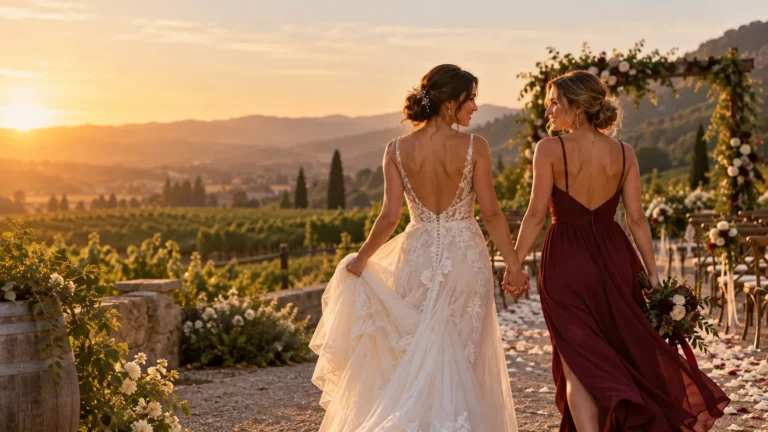 Two women, a bride and her maid of honor, walk hand in hand through a vineyard at sunset