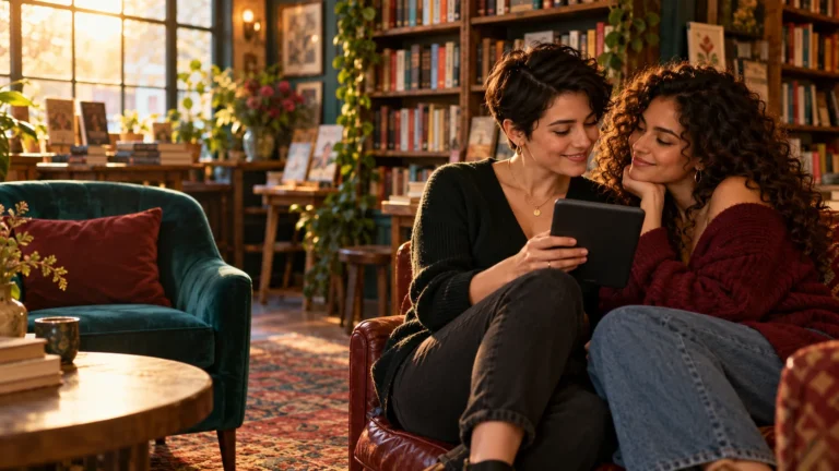 Two women sit close together in a bookshop and read an ebook on a tablet