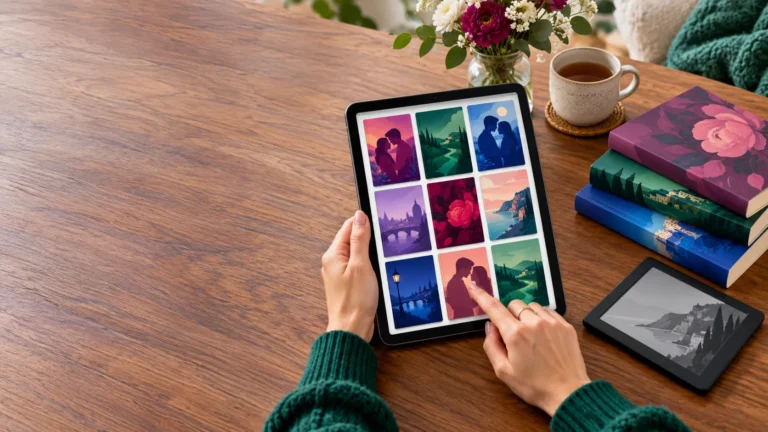 A reader browses romance ebooks on a tablet beside books and an e-reader