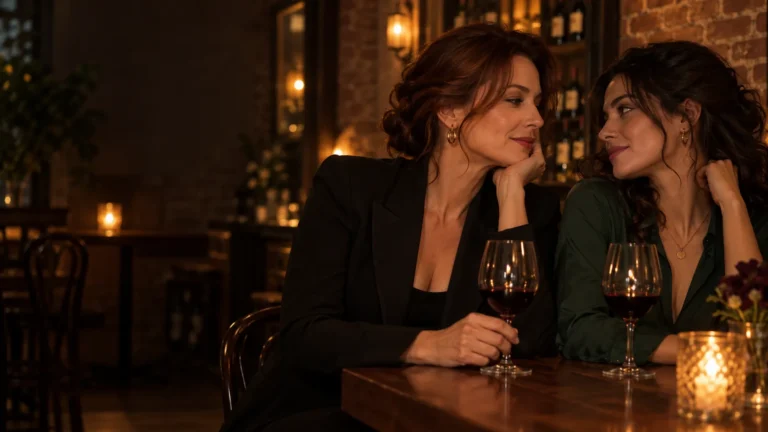 An older and younger woman share an intimate glance across a wine bar table