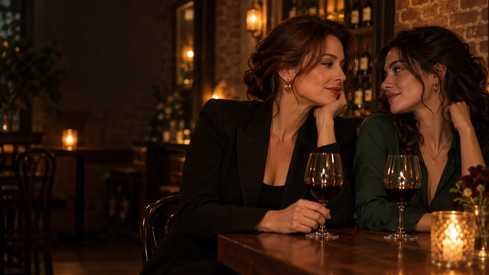 An older and younger woman share an intimate glance across a wine bar table
