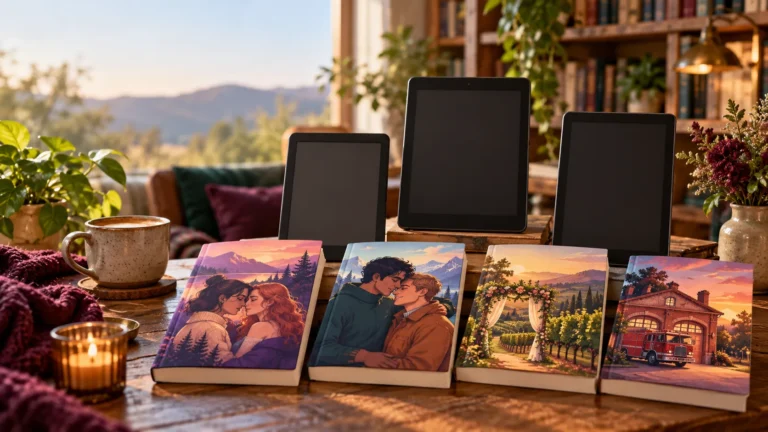 Queer romance books and three e-readers arranged on a cozy reading table