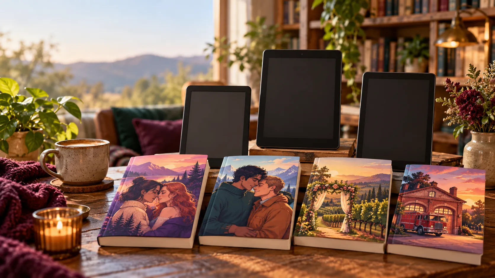 Queer romance books and three e-readers arranged on a cozy reading table
