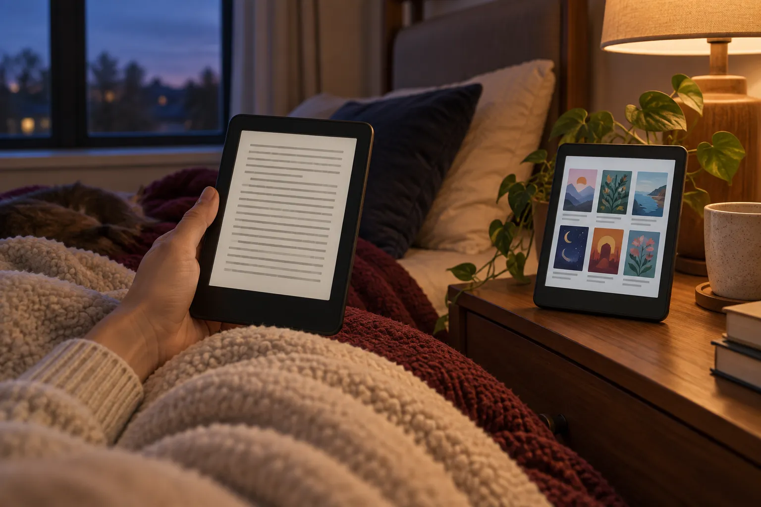 Reader holding a monochrome e-reader in bed beside a color e-reader displaying a cover library