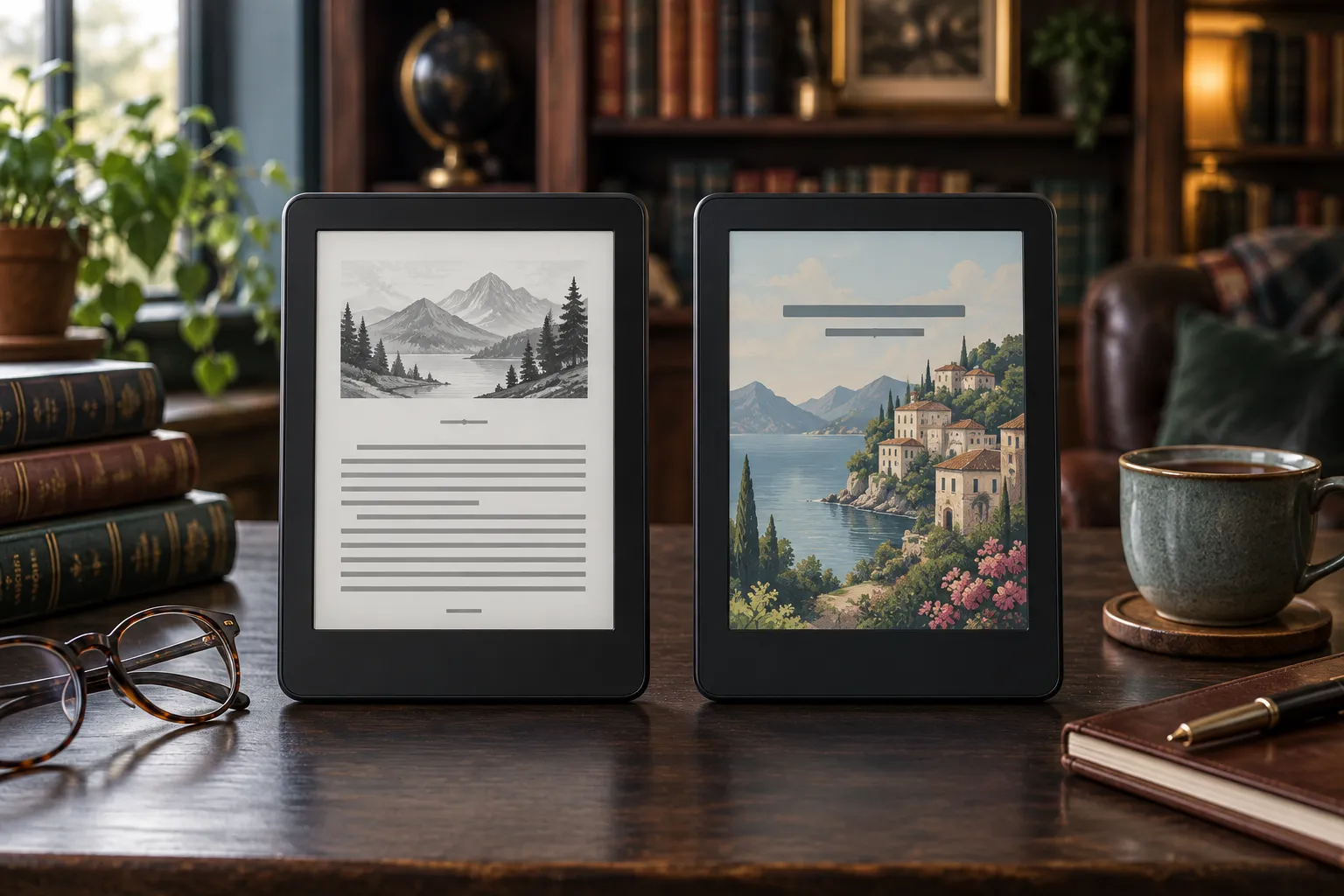 Two unbranded e-readers side by side comparing monochrome and muted color e-ink screens