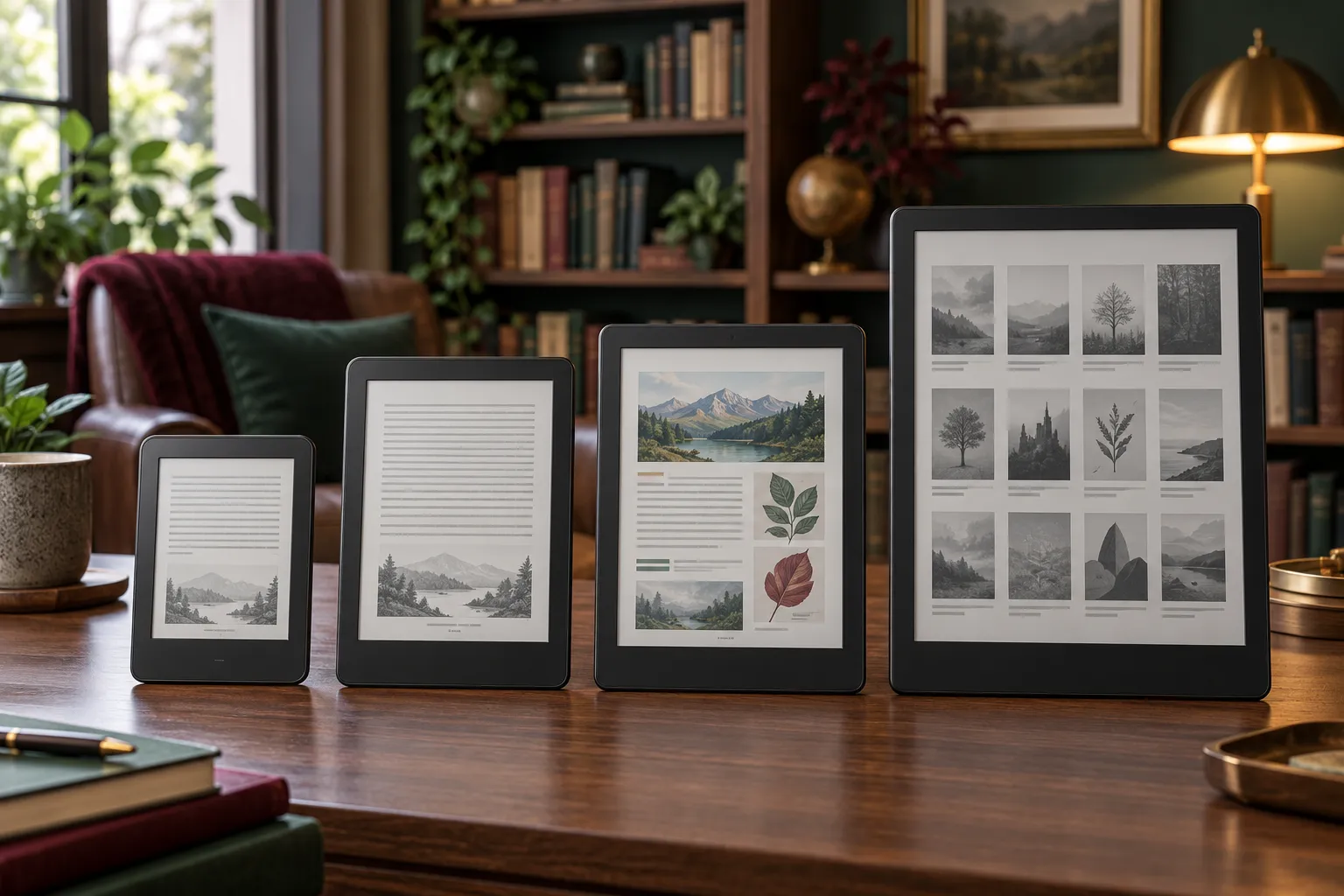 Four unbranded e-readers comparing compact, standard, color and large-screen models