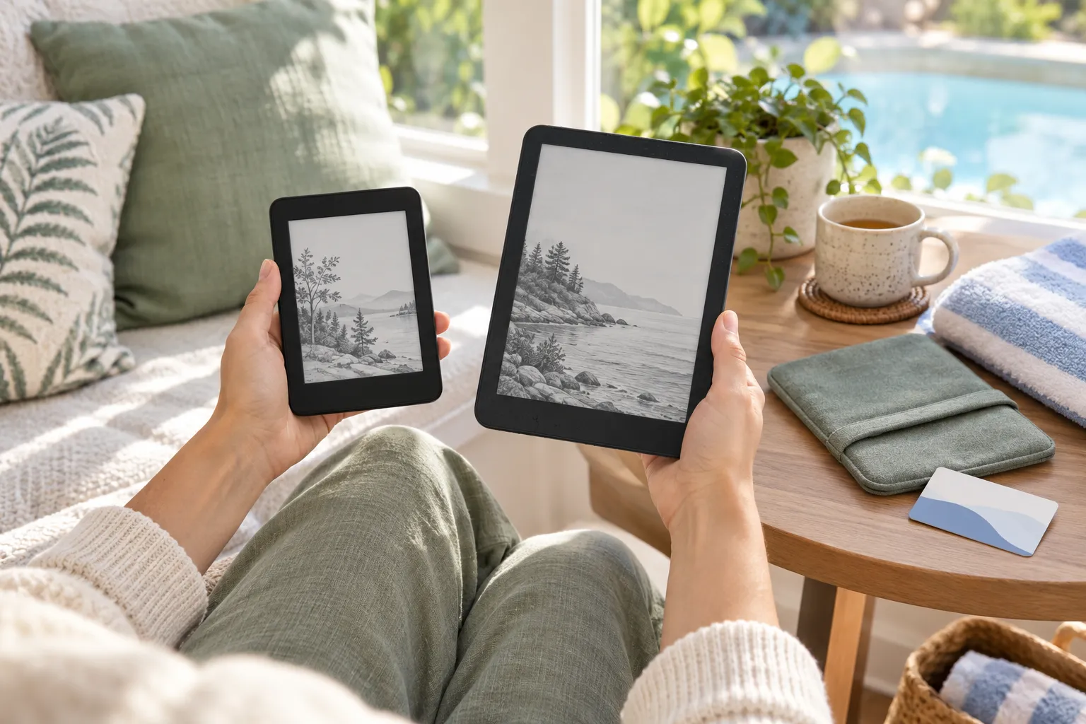 Reader comparing a compact e-reader with a larger waterproof model beside a sleeve and library card