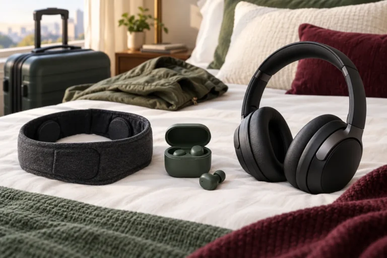 Sleep headband, wireless sleep earbuds and over-ear noise-canceling headphones compared on a bed