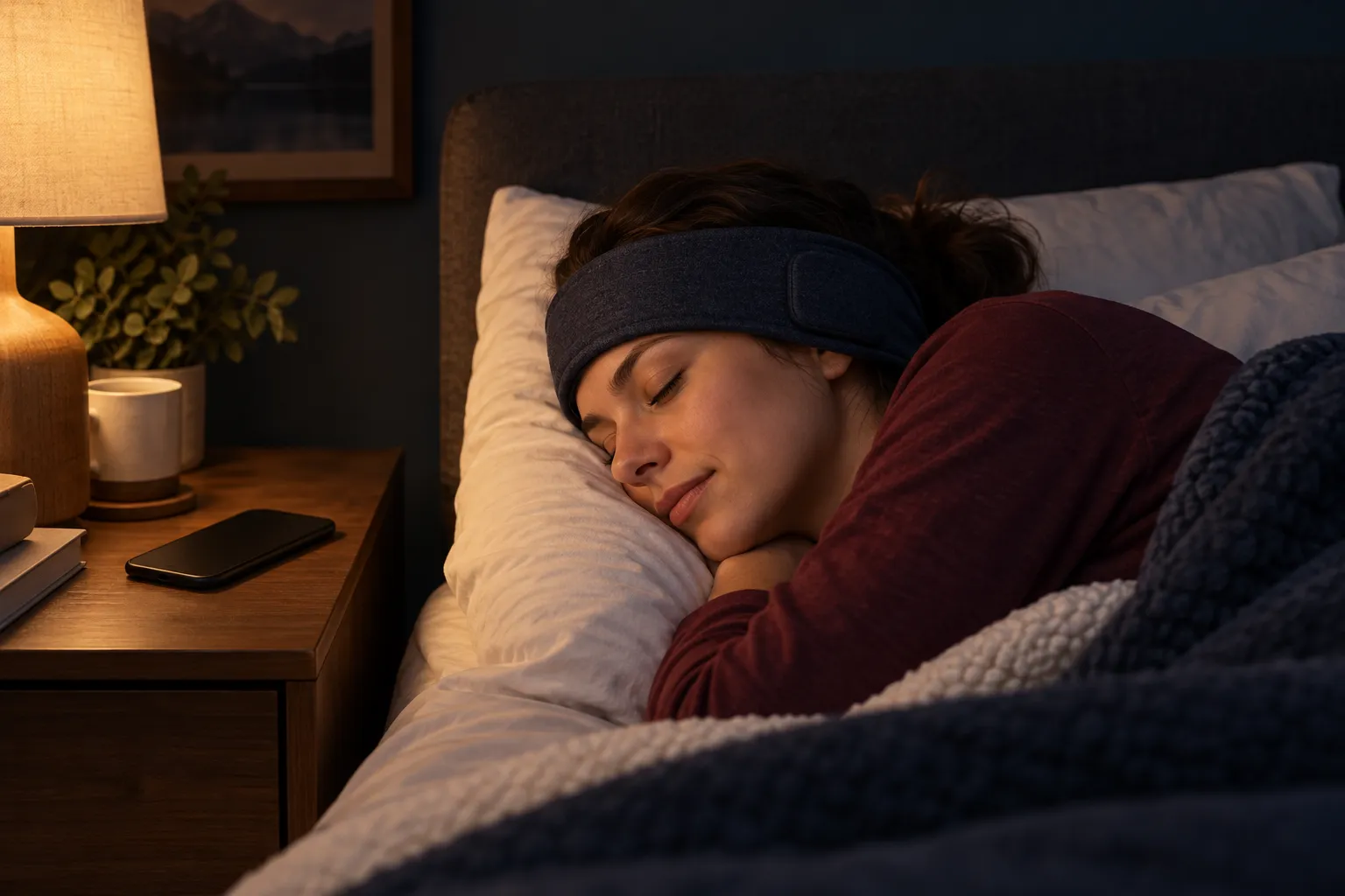 Side sleeper wearing a soft fabric sleep-headphone headband in a cozy bedroom