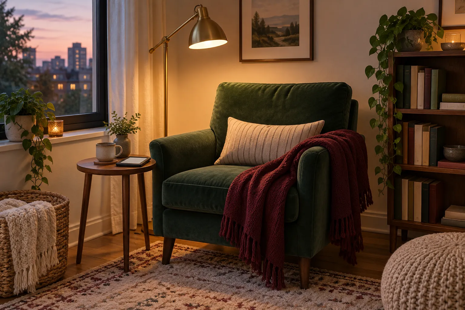Practical apartment reading nook with a supportive green chair, warm lamp, side table, blanket and books
