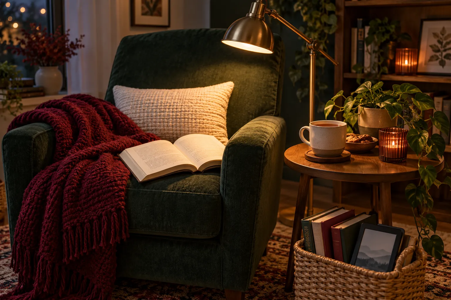 Reading nook with adjustable task lighting, side table, tea, blanket, books and an e-reader