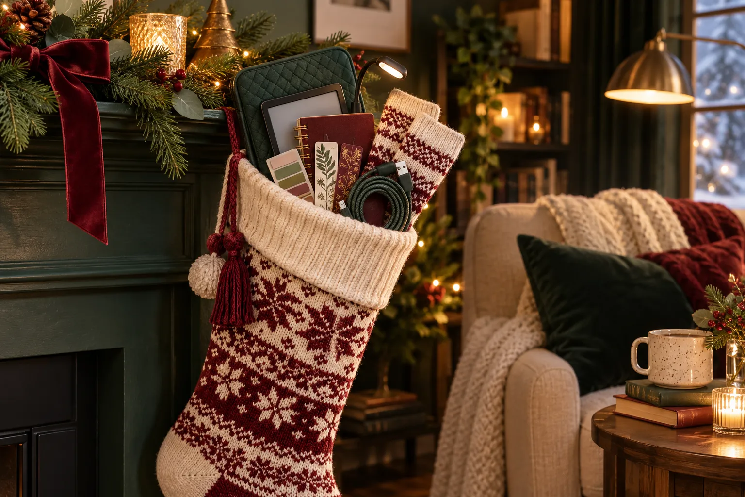 Festive stocking with an e-reader, book light, journal and cozy reader gifts