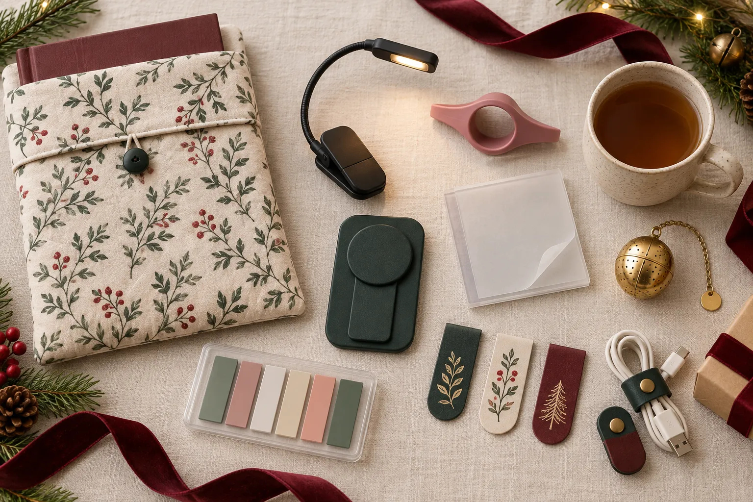 Reader gifts including a book sleeve, clip-on light, page holder, bookmarks and cable organizer