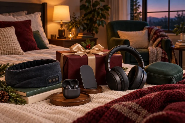 Headphones, sleep headband, earbuds and charging stand arranged with an audiobook listener's gift