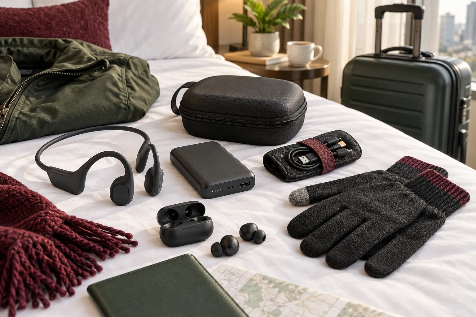 Audiobook listening accessories including headphones, earbuds, power bank, travel case and gloves