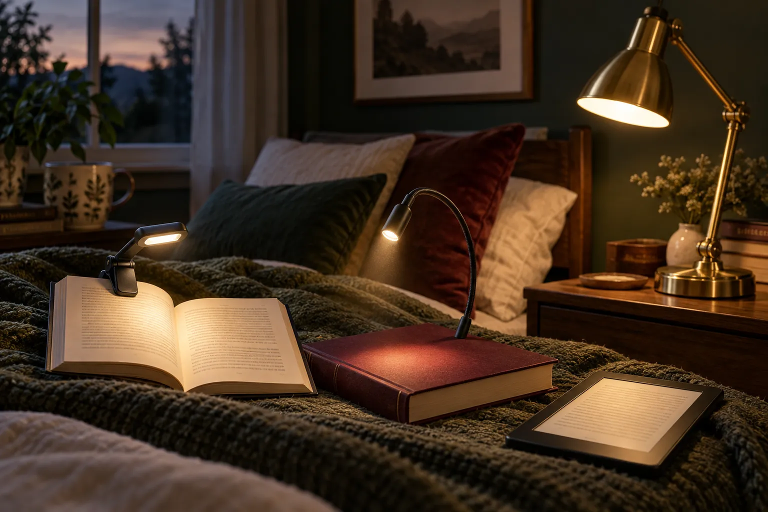 Clip-on book lights and a bedside lamp illuminating a cozy reading setup