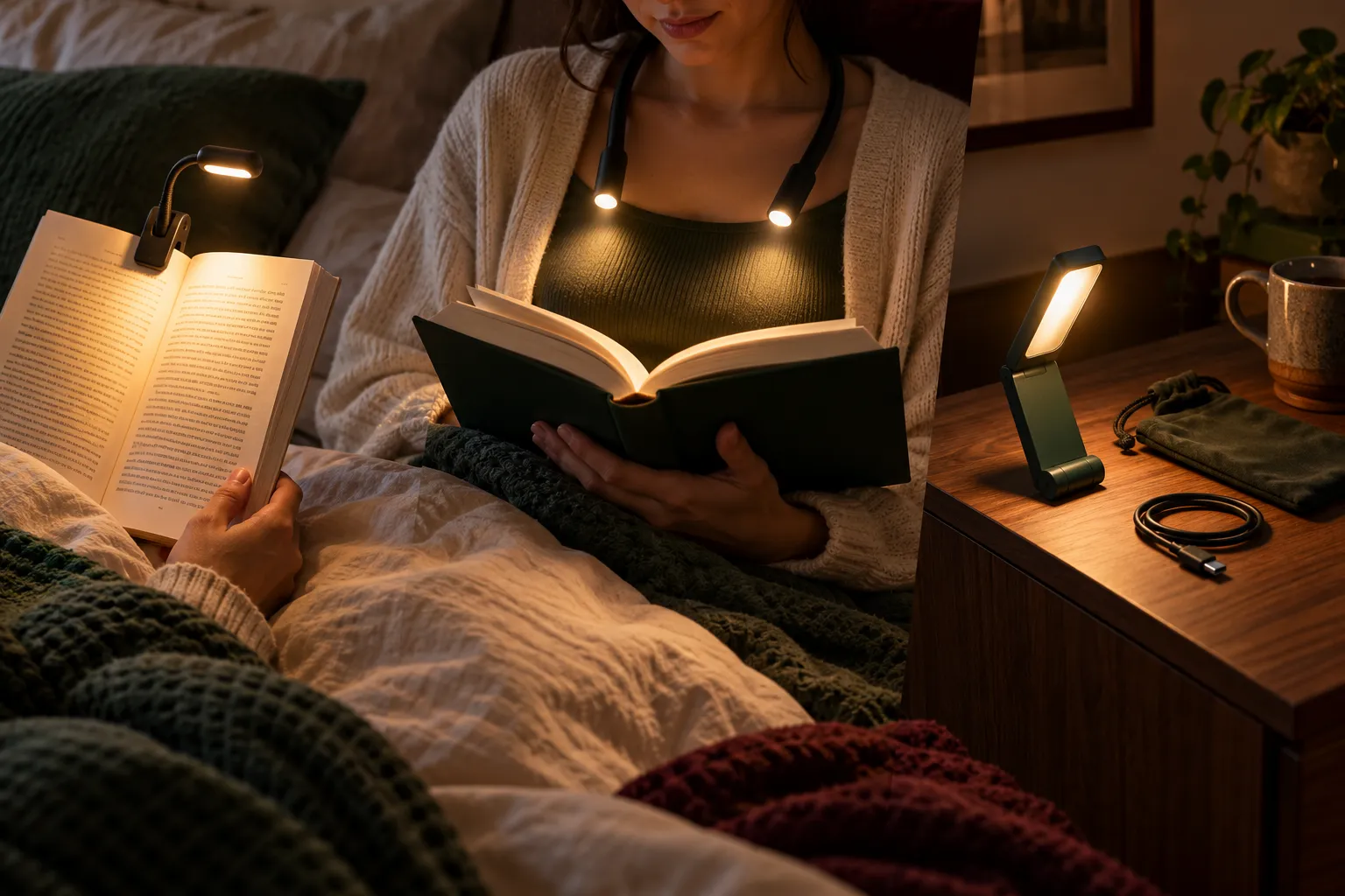 Clip-on, neck and folding travel reading lights in nighttime reading setups