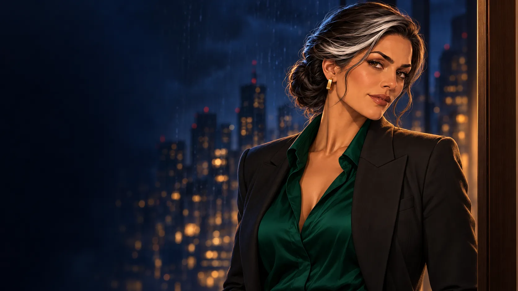 Adrienne Vale glances back from a dark doorway, silver-streaked hair and emerald silk lit by the city at night