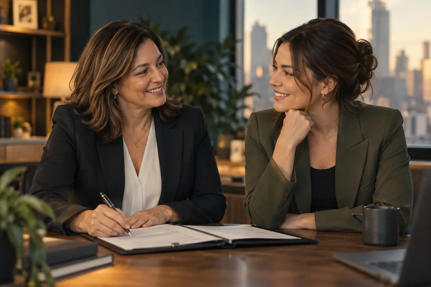 Two women sharing a warm look across paperwork at an office desk.
